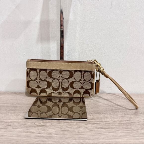 Coach Small Canvas Monogram C Logo Wristlet Pouch Wallet Beige/Tan - Picture 1 of 7